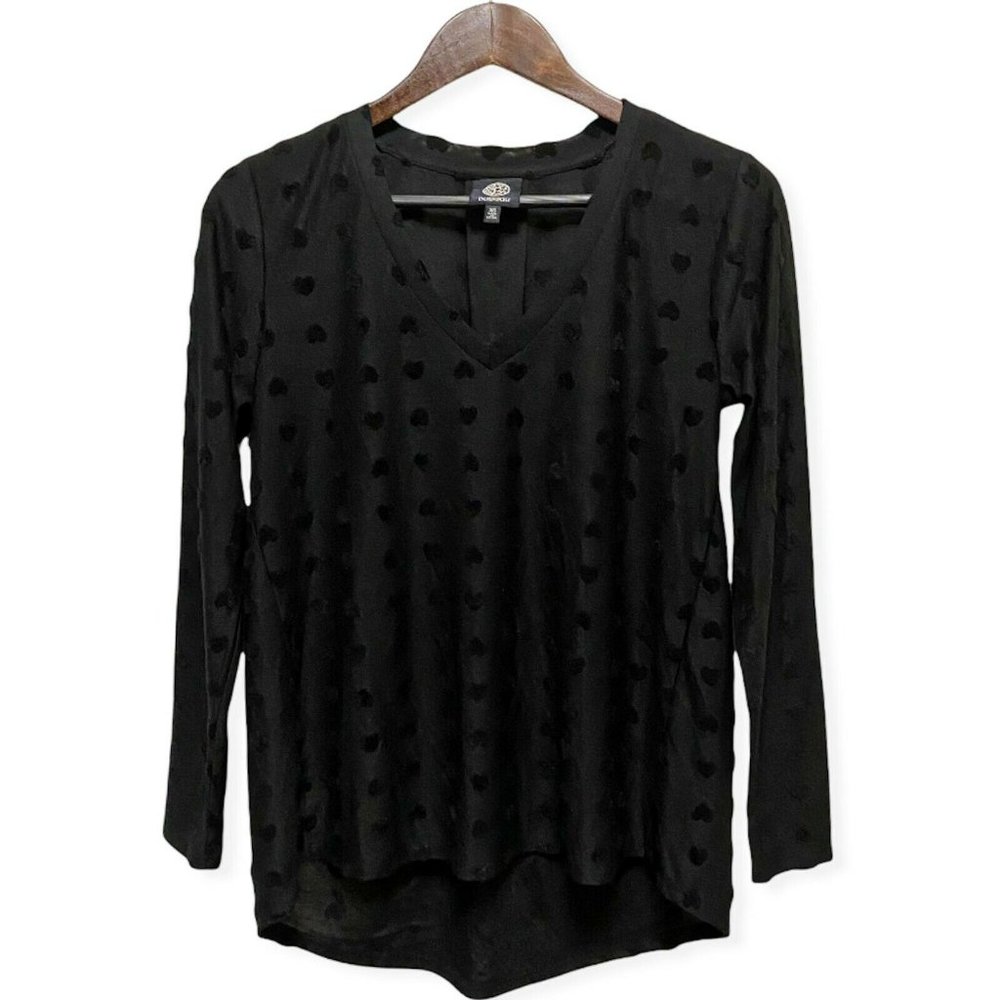 Bobeau Women's XS Blouse Hearts Long Sleeve V-Neck Uneven Back Pleated Top Black